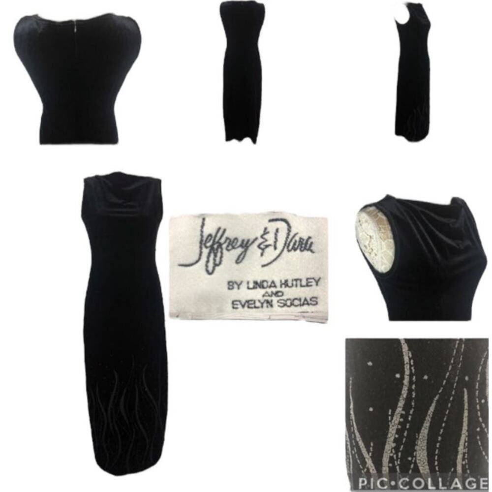 Vintage 90's Jeffery & Dara long black velvet sleeveless dress w beading size 8